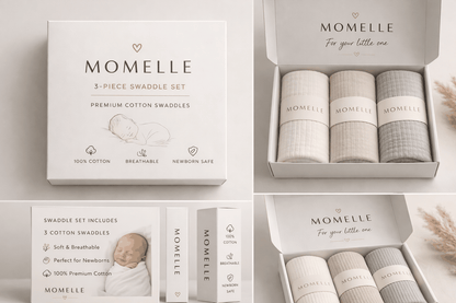 Momelle Essential Swaddle Set 3 pack of breathable cotton swaddles in neutral tones for newborn comfort and better sleep