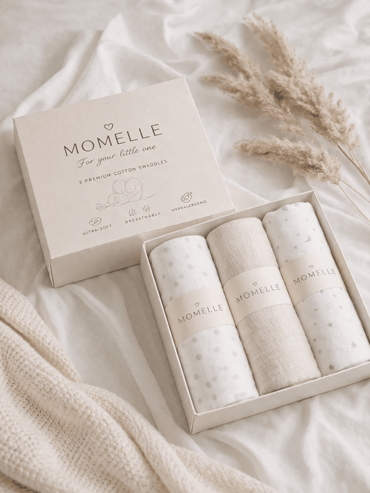 Momelle Essential Swaddle Set 3 pack of breathable cotton baby swaddles in neutral tones for better sleep